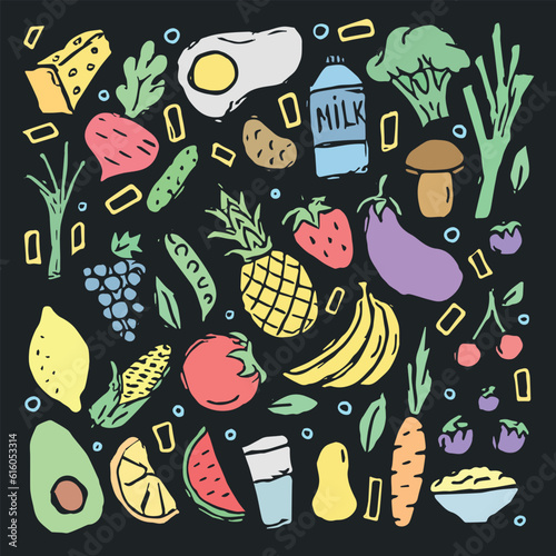 Healthy food icons. Drawn healthy food background