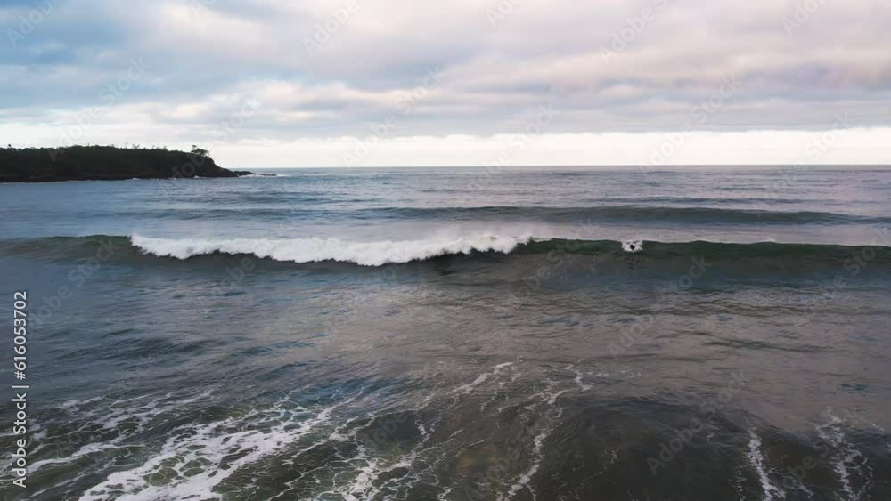 Surfer catches nice wave off Cox Bay beach at sunset, Tofino, BC. Aerial Surfer catches nice wave off Cox Bay beach at sunset, Tofino, BC. Aerial