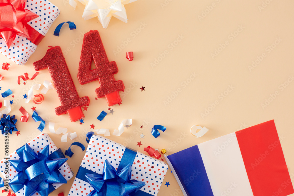 Creative concept for a Bastille Day gift theme. Top view photo of french flag, gift boxes, shiny number fourteen, event confetti on pastel beige background with empty space for ads or greeting