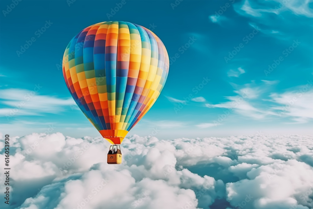 Fototapeta premium Hot Air Balloon Ride at sunrise background for wide banner of travel agency or adventure tour. Morning hot-air balloon flight with beautiful clouds. Romance of ballooning in a good weather. Generative
