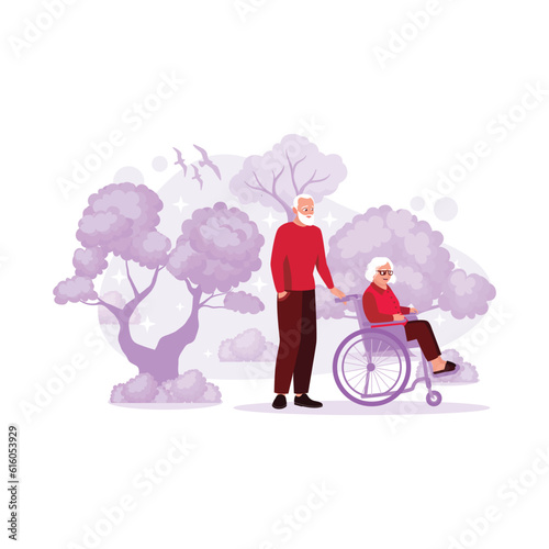 The elderly couple is together in the park, and the grandfather pushes grandma's wheelchair. Trend Modern vector flat illustration.