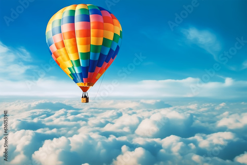 Hot Air Balloon Ride at sunrise background for wide banner of travel agency or adventure tour. Morning hot-air balloon flight with beautiful clouds. Romance of ballooning in a good weather. Generative
