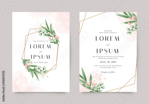 Geometric frame of gold and watercolor plants for wedding invitation