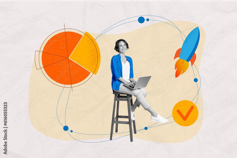 3d retro abstract creative artwork template collage of happy young businesswoman sitting chair data success statistics rocket fly start up