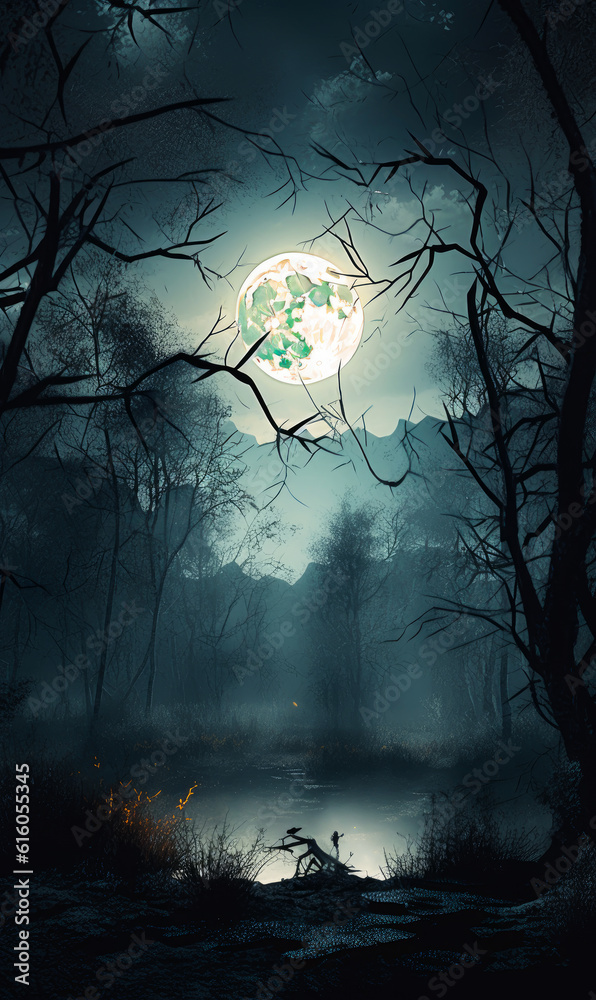Night in the forest near the river. Full moon in the sky seen through the bare tree branches. Generative AI.