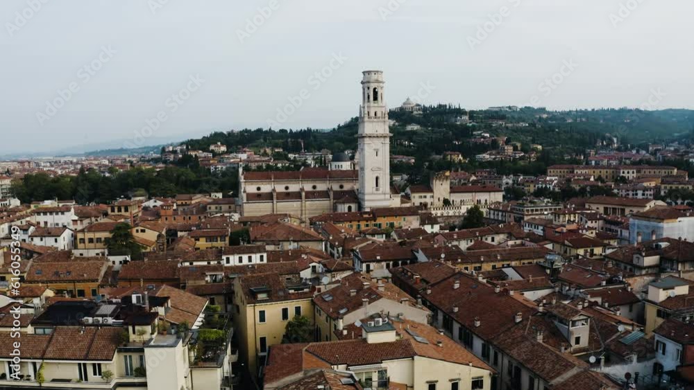 Aerial view pushing towards the Torre dei Lamberti tower in Verona, Italy. Aerial view pushing towards the Torre dei Lamberti tower in Verona, Italy.