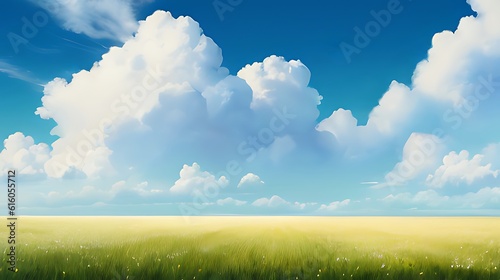 青空と積乱雲、地平線まで続く平原の風景のイラスト　Generative AI