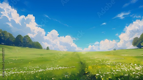 Slika na platnu 青空と積乱雲、地平線まで続く野原の風景のイラスト　Generative AI