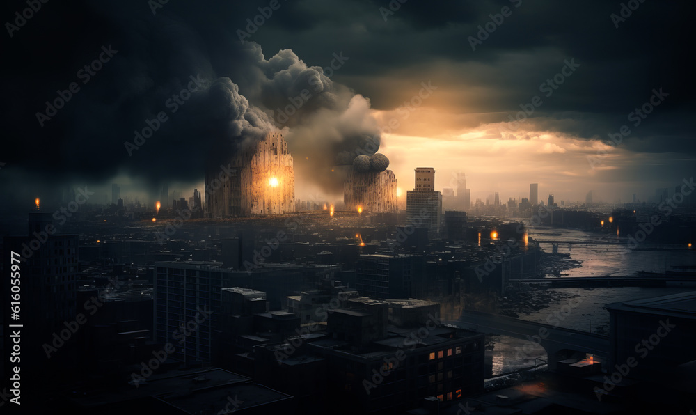 Dull night cityscape with two big buildings in fire. Post apocalypses' destruction and war concept. Generative AI.
