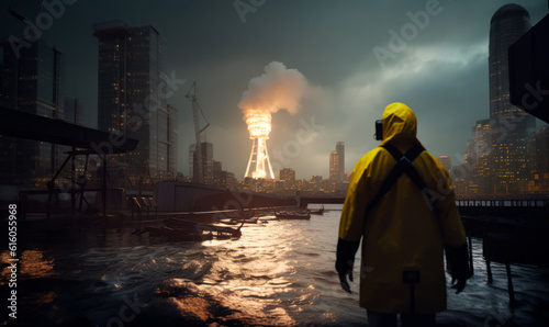 Unrecognized person in protective yellow suit looking at the burning tower. Explosion and radiation threat concept. Generative AI.