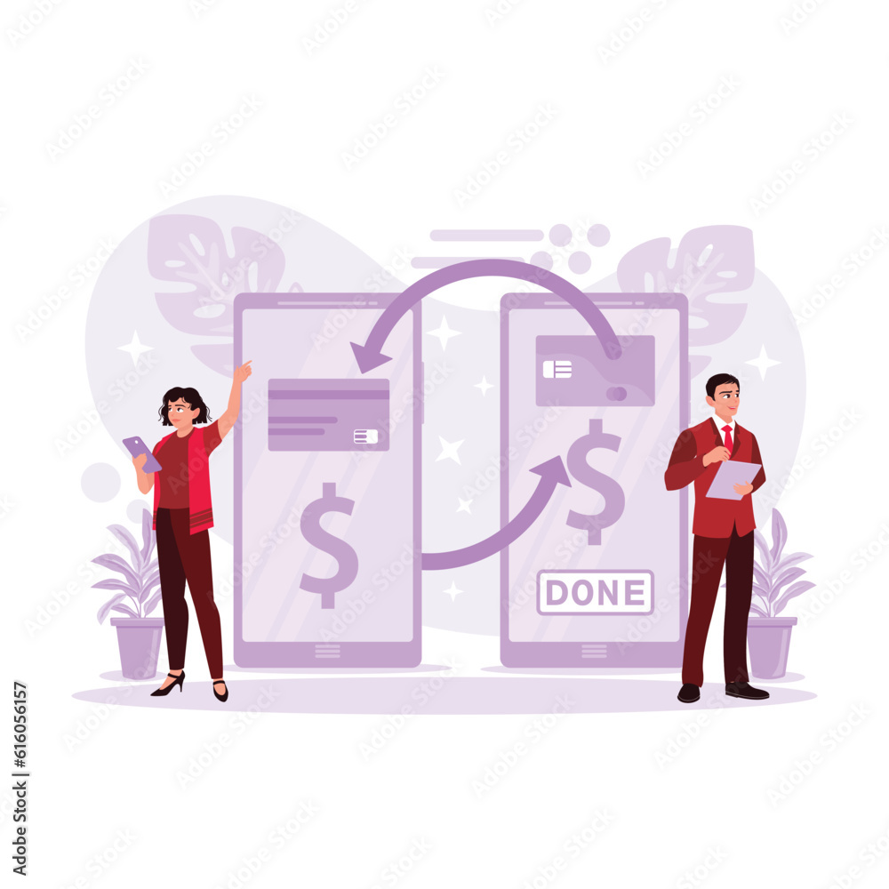 Two people are transacting online and transferring money via mobile payment on the smartphone. Trend Modern vector flat illustration. Two people are transacting online and transferring money via mobile payment on the smartphone. Trend Modern vector flat illustration.