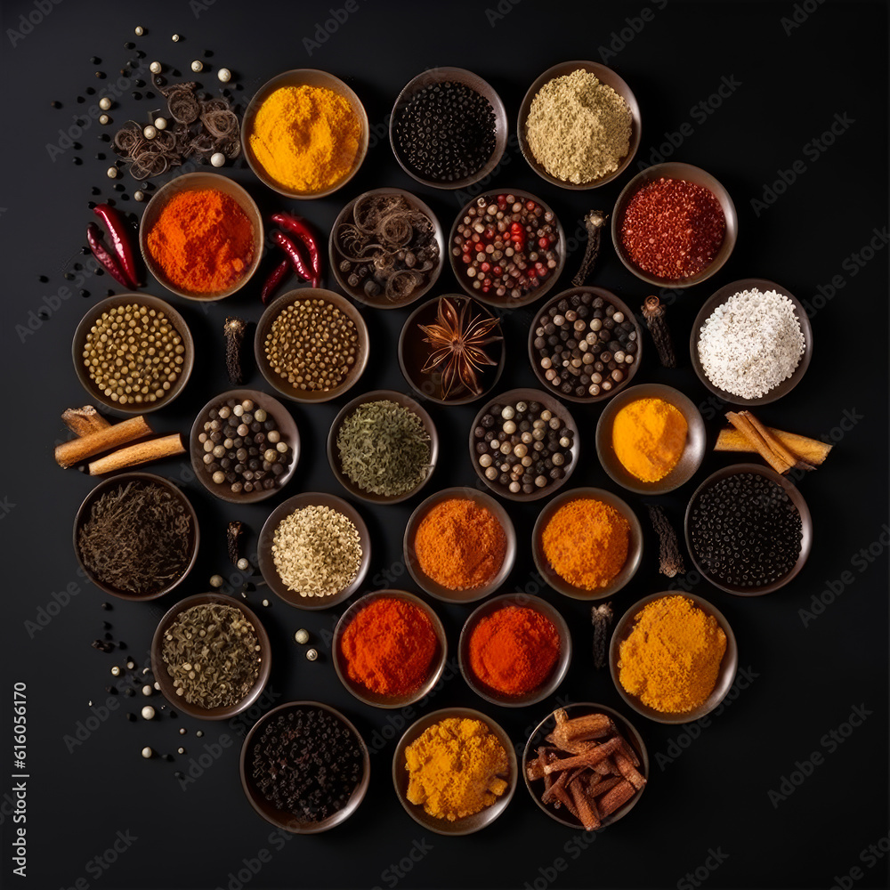 Same cups filled with diverse spices. Array of herbs, powder spice and grains on the black backdrop. Top view. Generative AI. Same cups filled with diverse spices. Array of herbs, powder spice and grains on the black backdrop. Top view. Generative AI.