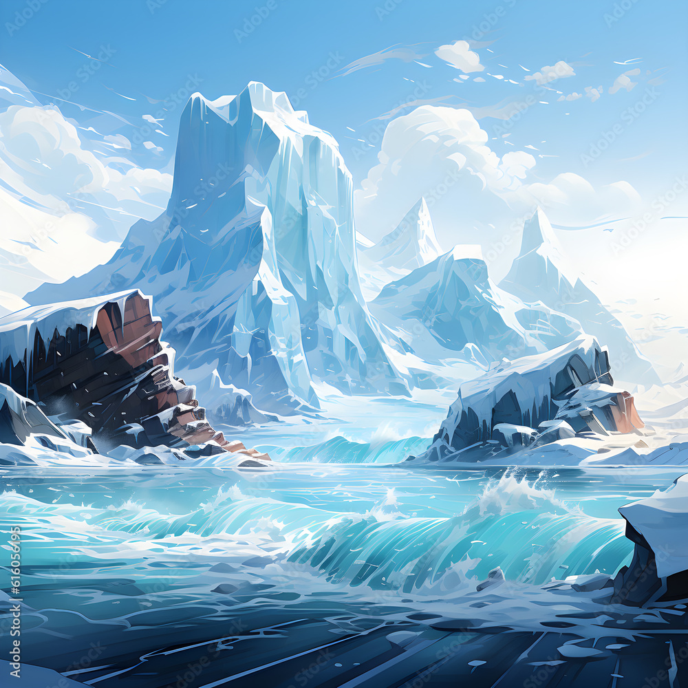 dynamic isometric scene massive Antarctic iceberg in motion, conveying power, significance of these icy formations within Antarctic ecosystem. AI Generated, Generative AI