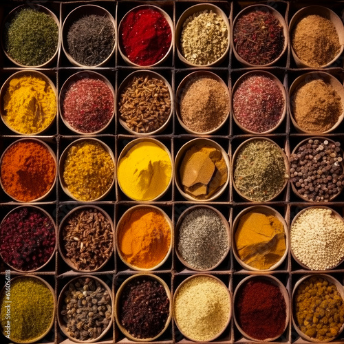 Little cups with diverse kinds of spices. Beautiful range of aromatic herbs and spice. Top view. Generative AI.