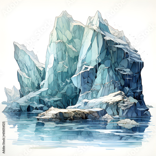 detailed isometric view of iceberg, showcasing intricate texture, jagged edges, varying shades of white, blue, simple white background. AI Generated, Generative AI