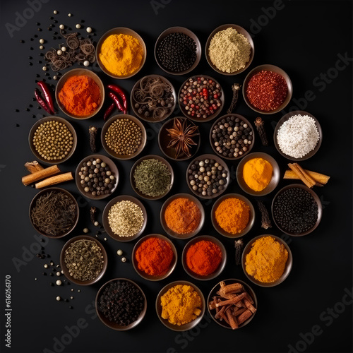 Same cups filled with diverse spices. Array of herbs, powder spice and grains on the black backdrop. Top view. Generative AI.