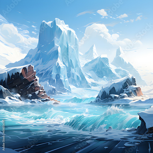 dynamic isometric scene massive Antarctic iceberg in motion, conveying power, significance of these icy formations within Antarctic ecosystem. AI Generated, Generative AI