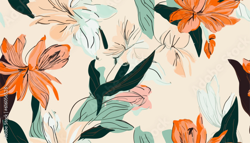 Bright hand drawn blossom artistic flowers print. Modern botanical pattern. Fashionable template for design