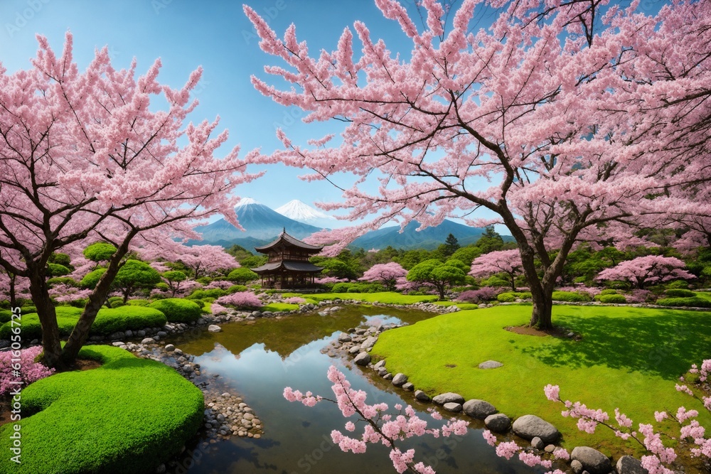 Sakura blossoms in japanese style ornamental garden, beautiful landscape. Generative AI. Sakura blossoms in japanese style ornamental garden, beautiful landscape. Generative AI.