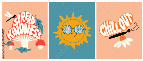 Nostalgic hippie typographic lettering set. Groovy hand drawn slogans in shape of mushroom, sunglasses and butterfly. Trendy print design for posters, cards, tshirt, social media graphics