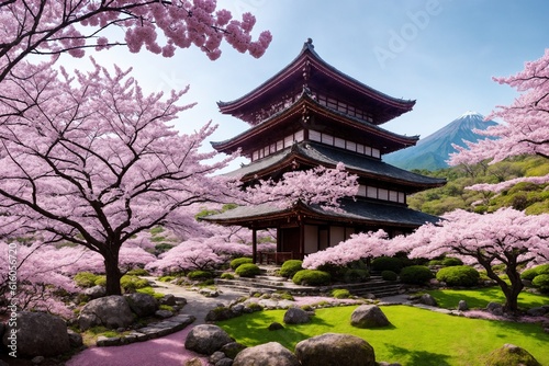Sakura blossoms in japanese style ornamental garden  beautiful landscape. Generative AI.