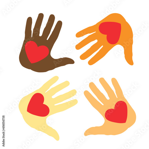 Voluntary and donation flat vector illustration. Volunteers, social workers holding hearts in palms. Children raising hands. Multiethnic society unity, togetherness. Charity, fostering, social help
