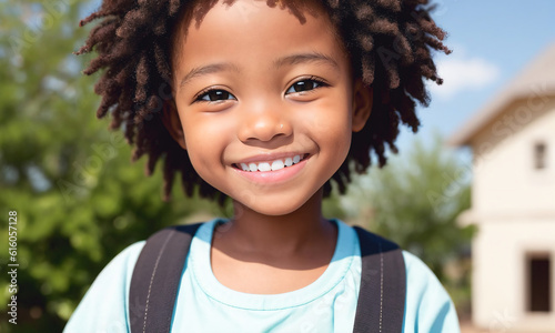 Portrait of cute african american little kid boy smiling in park. Generative AI.