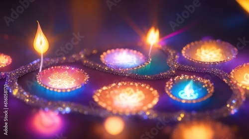 Happy Diwali - Oil lamps lit on colorful rangoli during Diwali indian celebration, Colorful clay diya lamps with flowers on red table top carpet background copy space greetings text photo