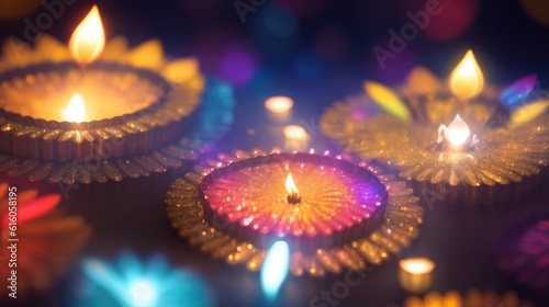Happy Diwali - Oil lamps lit on colorful rangoli during Diwali indian celebration, Colorful clay diya lamps with flowers on red table top carpet background copy space greetings text © Art Stocker