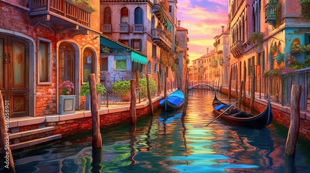 Charming canal town exploration . Fantasy concept , Illustration painting.