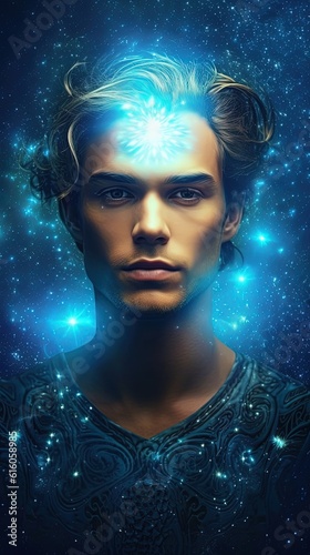 Male spiritual guide, young starseed man, concept of love, meditation incarnarion, compassion, cosmos, univers, connection, connected, stars, all.