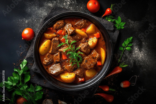 Top view of a black casserole pot filled with a rich beef stew, featuring potatoes and carrots in savory gravy, garnished with bay leaves and served with a spoon photo