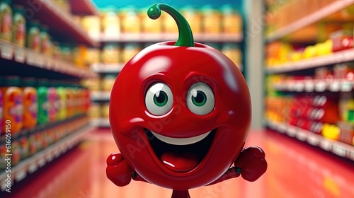 Cheerful cartoon cherry character in a grocery store . Fantasy concept , Illustration painting. © X-Poser