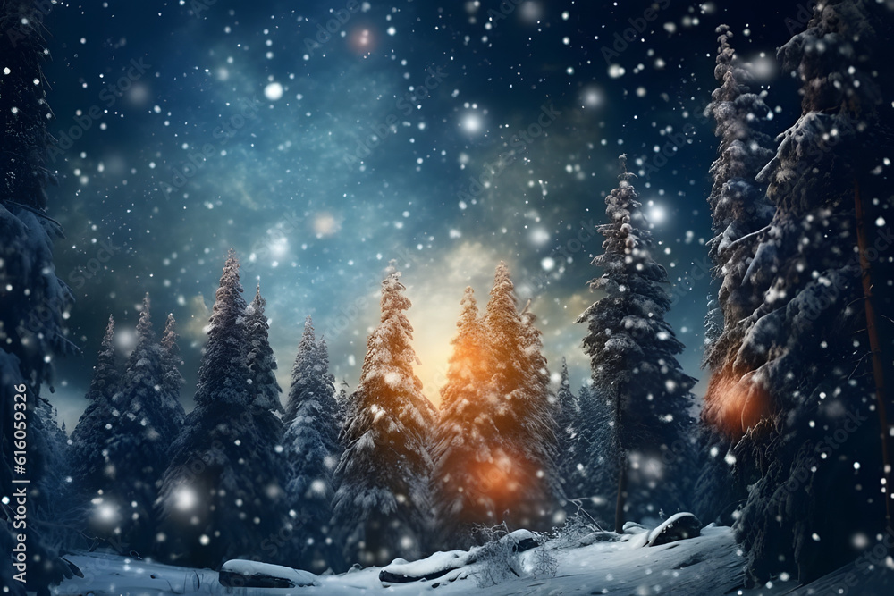 Obraz premium fountain in the winter snowfall night