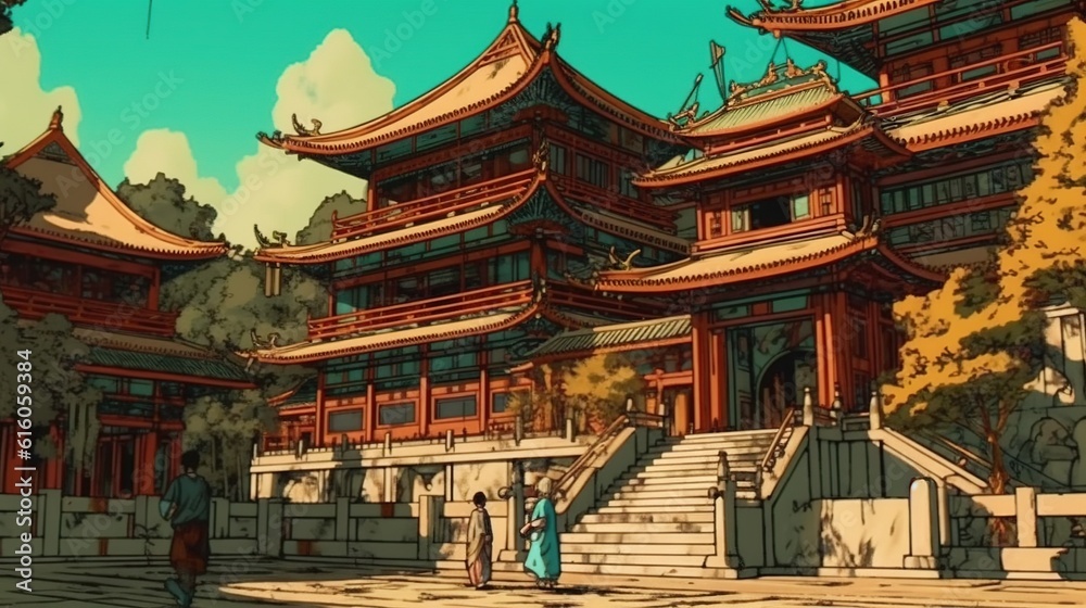 Naklejka premium Chinese Buddhist temples and gardens . Fantasy concept , Illustration painting.