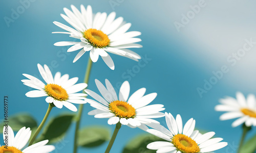 Beautiful daisies on a blue background. Generative AI.