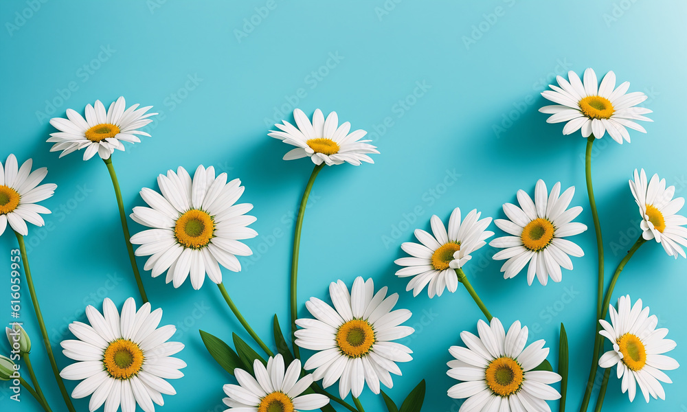 Fototapeta premium Beautiful daisies on a blue background. Generative AI.