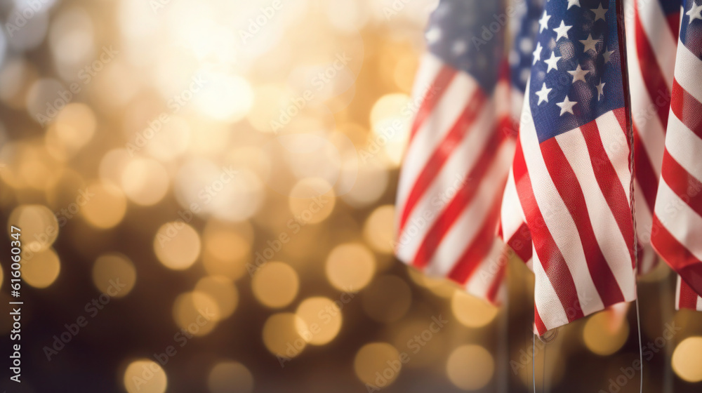 American Flag on bokeh blur background for 4th of July Independence day. Generative AI