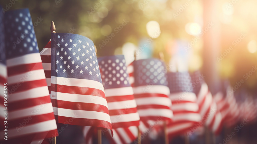 American Flag on bokeh blur background for 4th of July Independence day. Generative AI