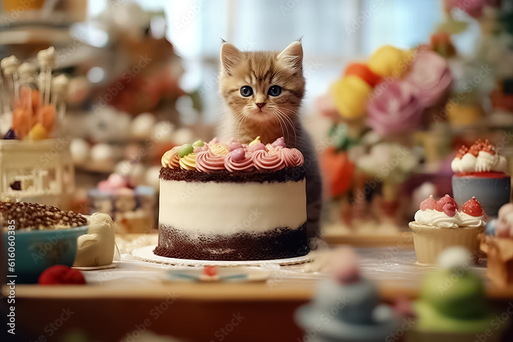 A cute little kitten near the cake. Birthday celebration. AI generation