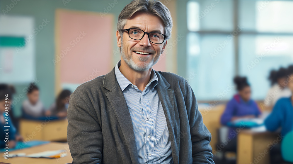Teacher in the classroom among students, World Teachers' Day, AI generation