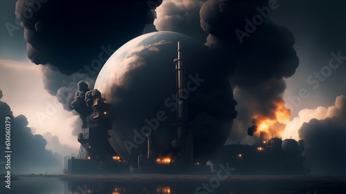 Planet Earth is surrounded by industrial plants with pipes, black smoke, and fire. The concept of environmental pollution. Generation  AI