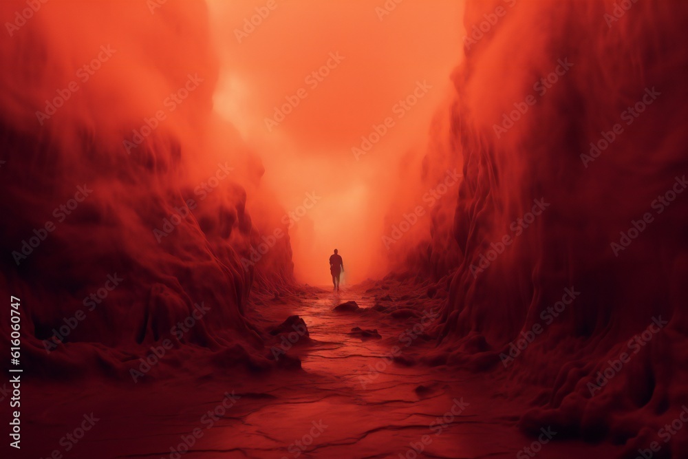Passage through hell into the heaven in the distance surreal red tones with mist Generative AI