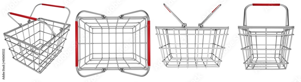 Set empty metal baskets shopping. Isolated on White Background 3d illustration Set empty metal baskets shopping. Isolated on White Background 3d illustration