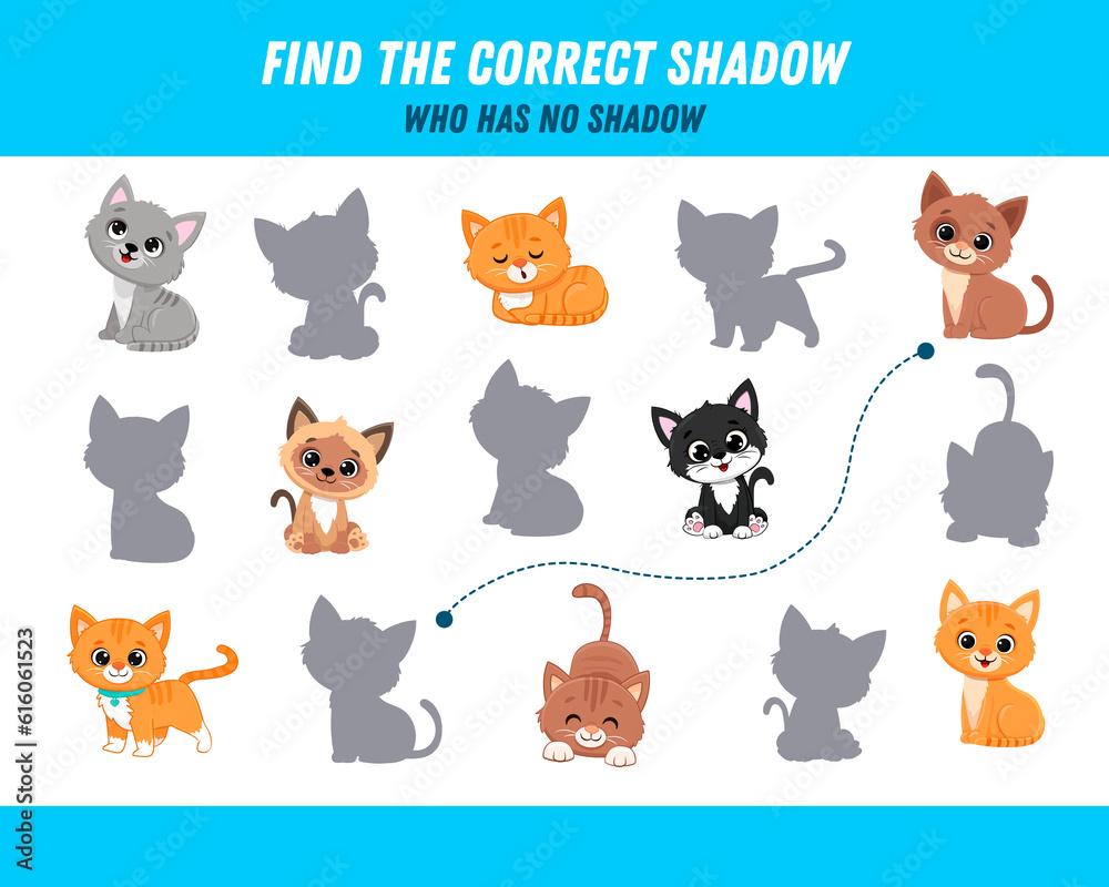 Find correct shadow of cats. Educational logical game for kids. Cartoon animals. Find correct shadow of cats. Educational logical game for kids. Cartoon animals.