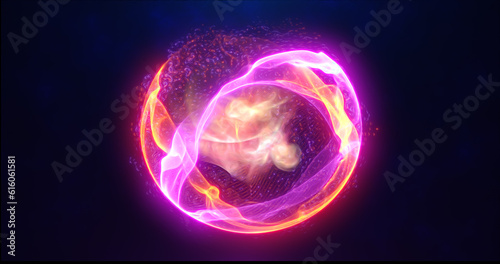 Fototapeta Orange energy sphere with glowing bright particles, atom with electrons and elek
