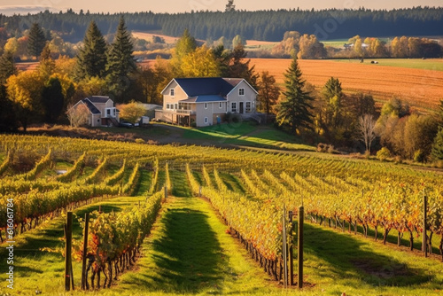 view of beautifully planted vineyards during grape harvest in autumn