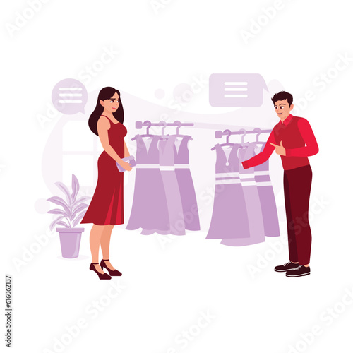 Young women shop in clothing stores, and male salespeople help and advise. Trend Modern vector flat illustration.