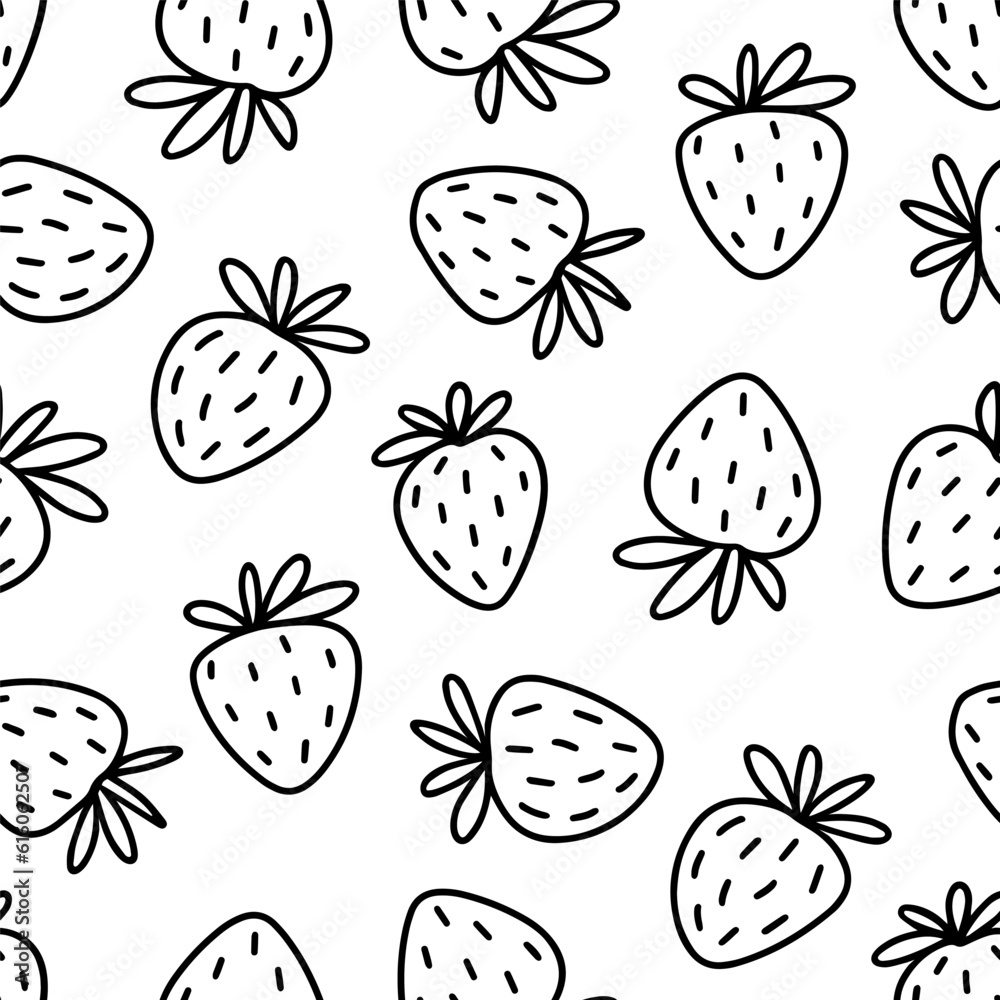 Hand drawn doodle linear monochrome vector messy strawberry fruits spring summer seasonal seamless repeat pattern isolated on white background