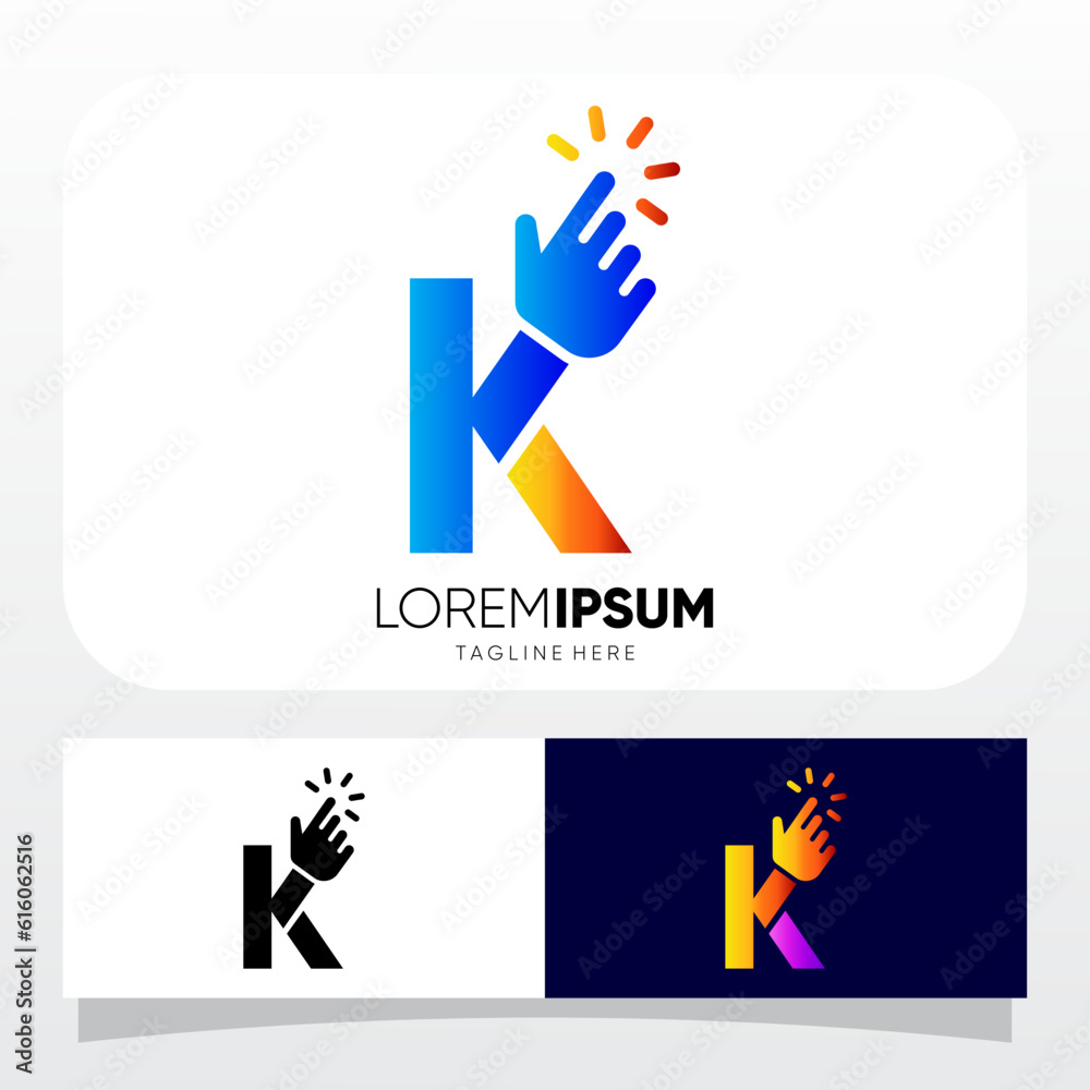 Letter K Hand Clicking Finger Cursor Mouse Logo Design Vector Icon Graphic Emblem Illustration